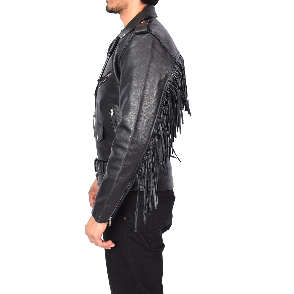 Men’s Biker Leather Jacket With Fringes Tassels Style Black Jarrel-3