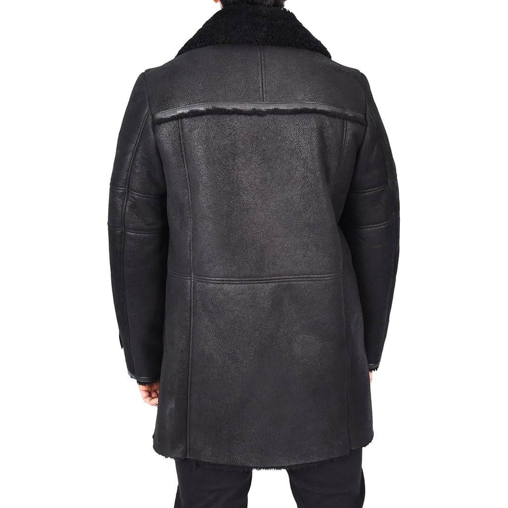 Mens WW1 WW2 ¾ Length Real Shearling Sheepskin Coat Winter Warm Franz Black-3