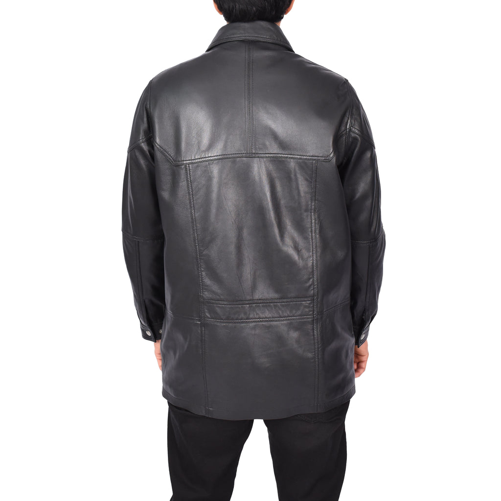 Men’s Genuine Leather Parka Overcoat Gents Car Coat Black Aric-3