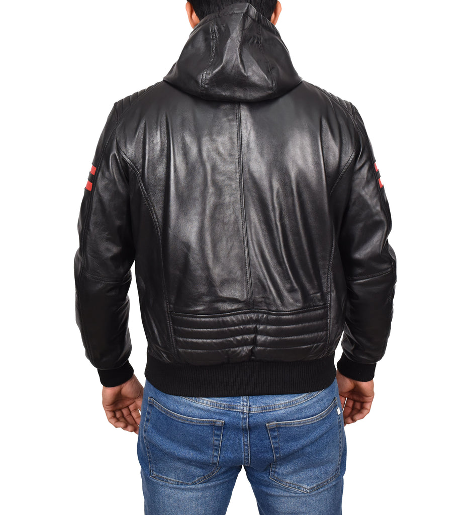 DR562 Men's Leather Hooded Bomber Jacket Black 3