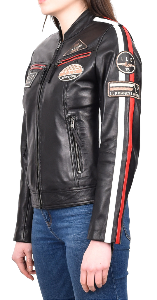 DR674 Women's Soft Real Leather Racing Biker Jacket Black 3