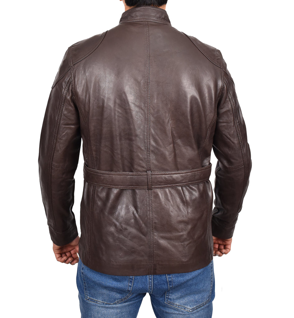 DR190 Men’s Leather Trendy Safari Jacket With Waist Belt Brown 3