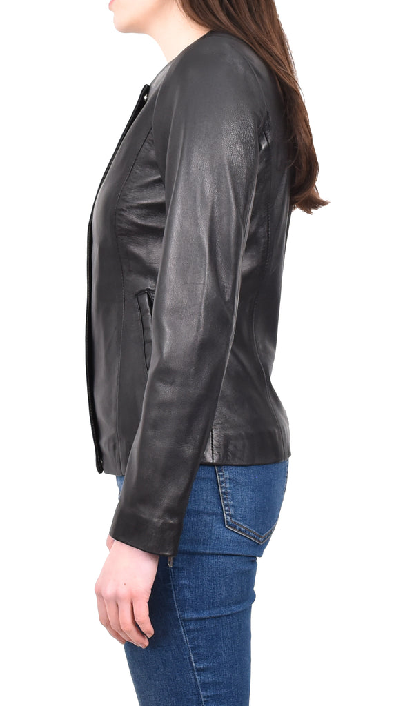 DR244 Women's Real Leather Collarless Jacket Black 3