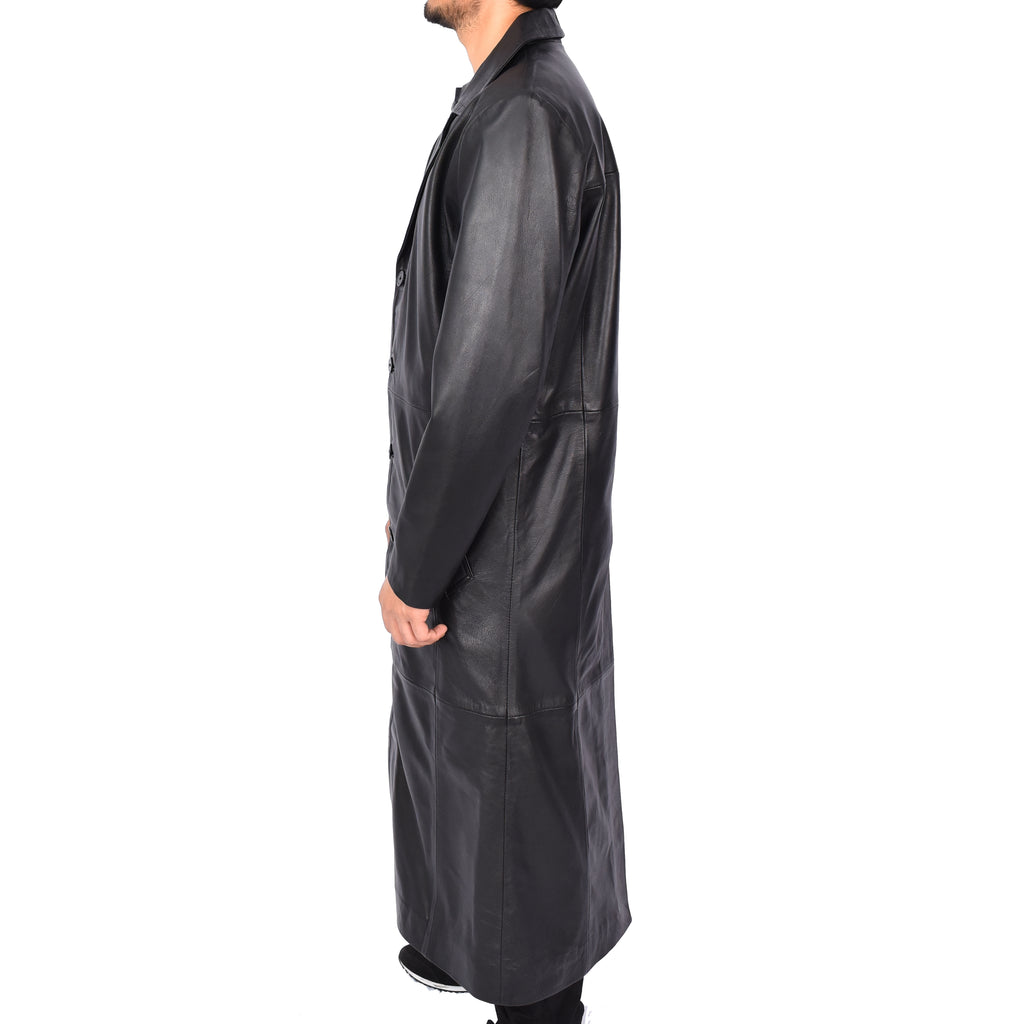 Men's Long Full Anchor Length Coat Real Sheep Leather Classic Black Rosco-3