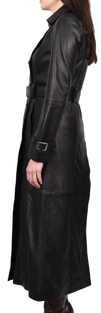 DR242 Women's Leather Full Length Trench Coat Black 3