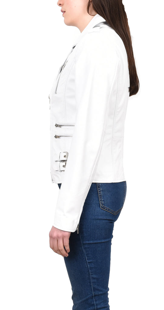 DR195 Women’s Trendy Biker Leather Jacket White Vintage 2