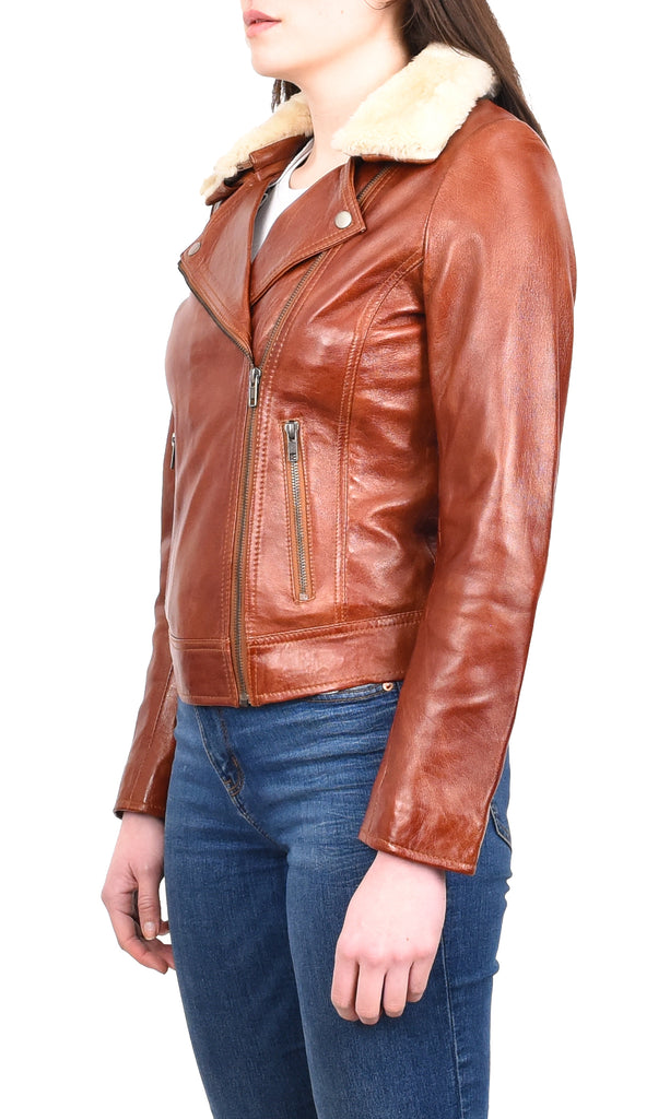 DR237 Women’s Real Chestnut Biker Jacket With Removable Sheepskin Collar 3