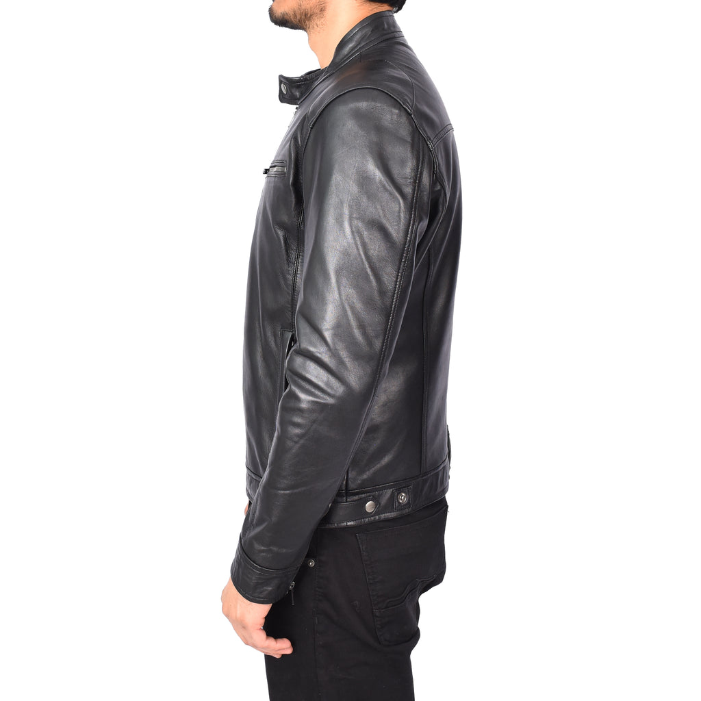 Men's Vintage Style Biker Real Leather Jacket Black Dagen-3