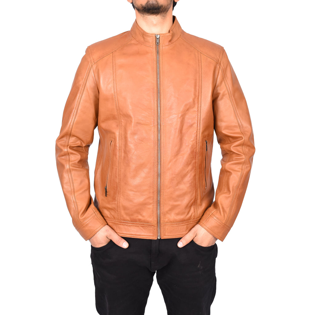 Men's Casual Biker Real Leather Jacket Tan Verner 3