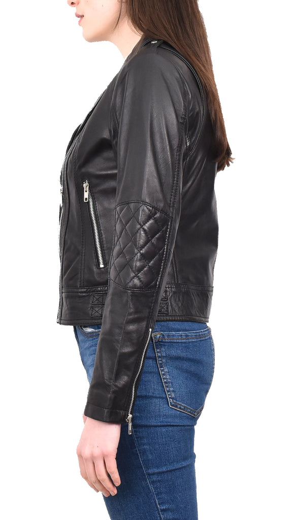 DR207 Women's Real Leather Biker Cross Zip Jacket Black 3