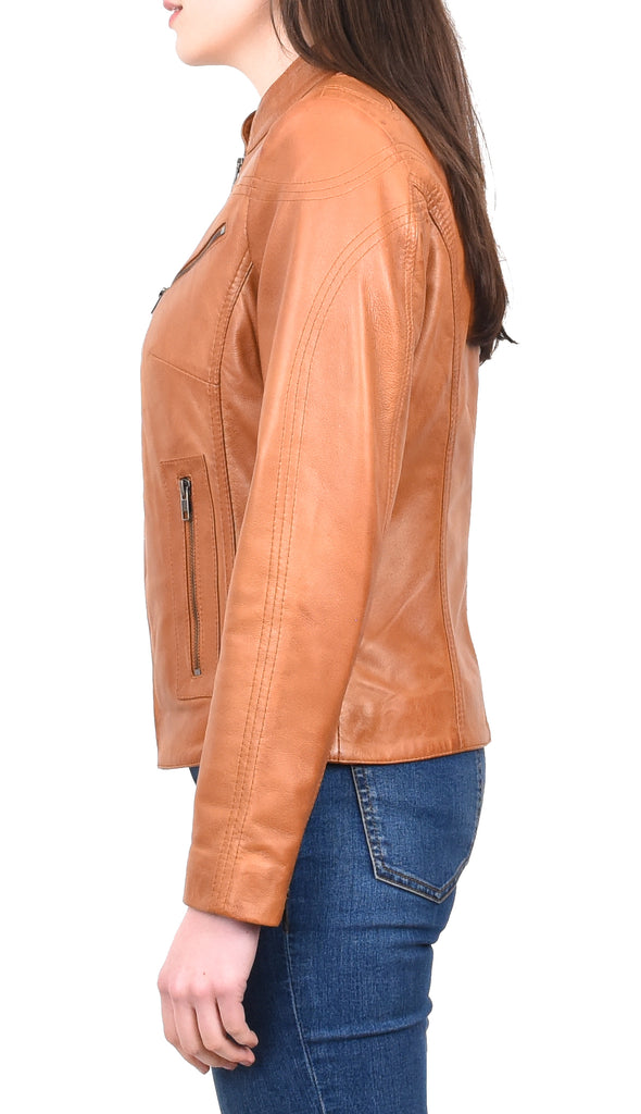 DR200 Ladies Classic Casual Biker Leather Jacket Tan 3