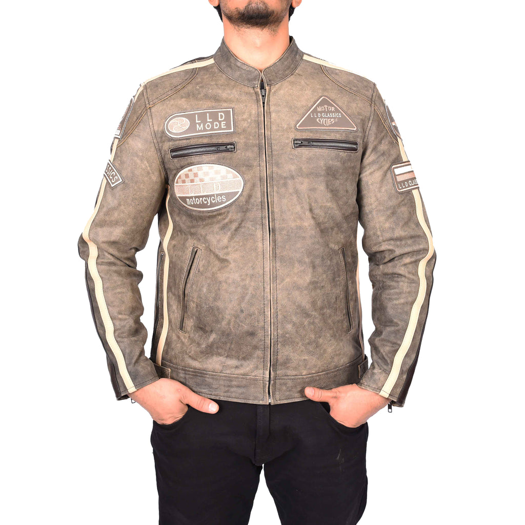 Men's Cafe Racer Leather Jacket Biker Coat with Badges Brown Kennet 3