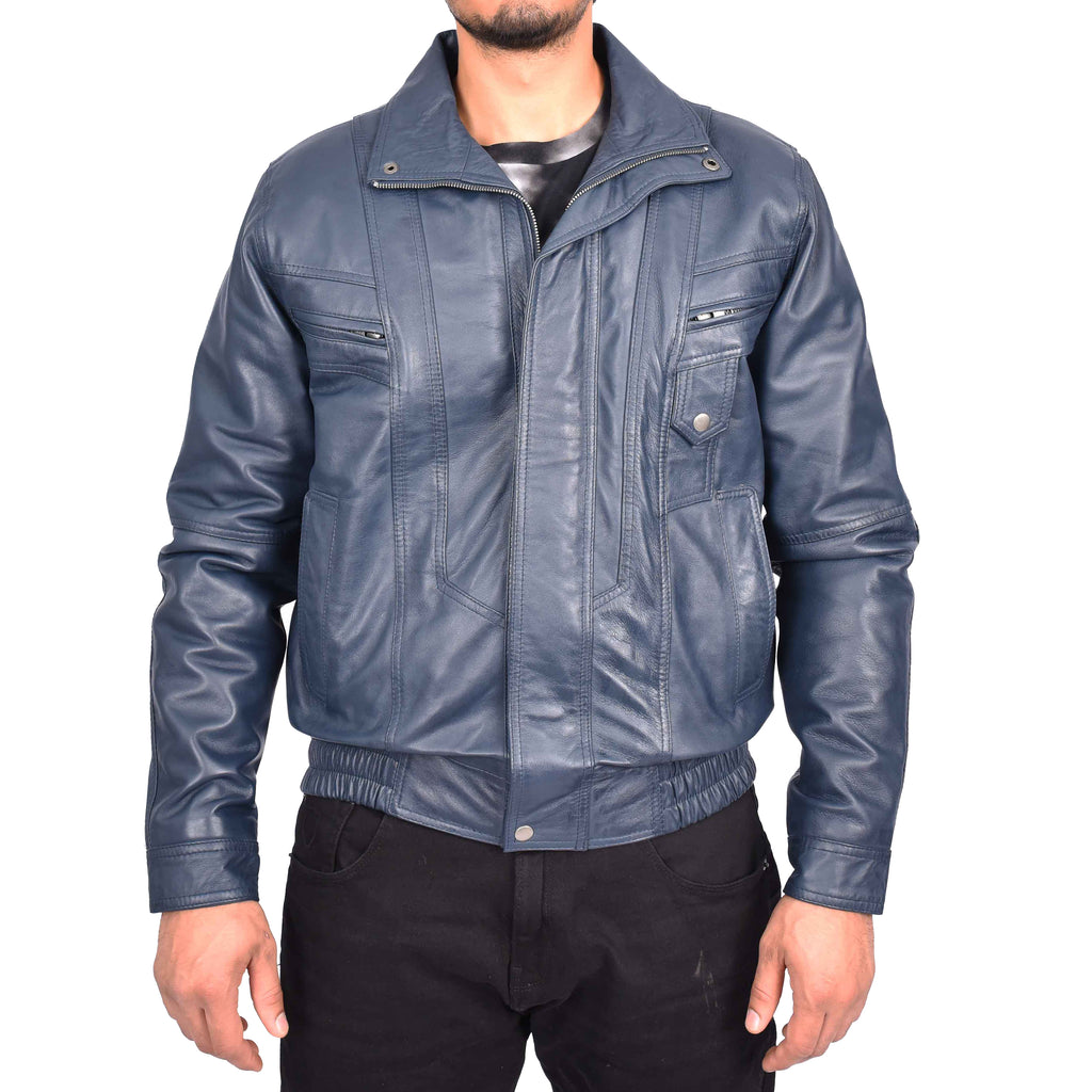 Men's Real Leather Classic Blue Jacket Bomber Blouson Style Errick-3
