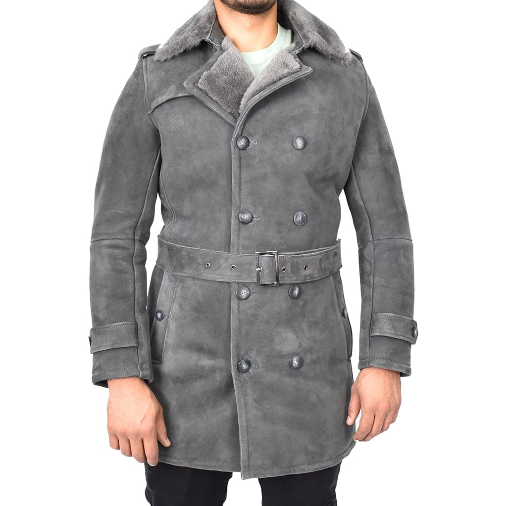 Mens Genuine Shearling Sheepskin Suede Pea Coat Classy ¾ Long Phillip Grey-3