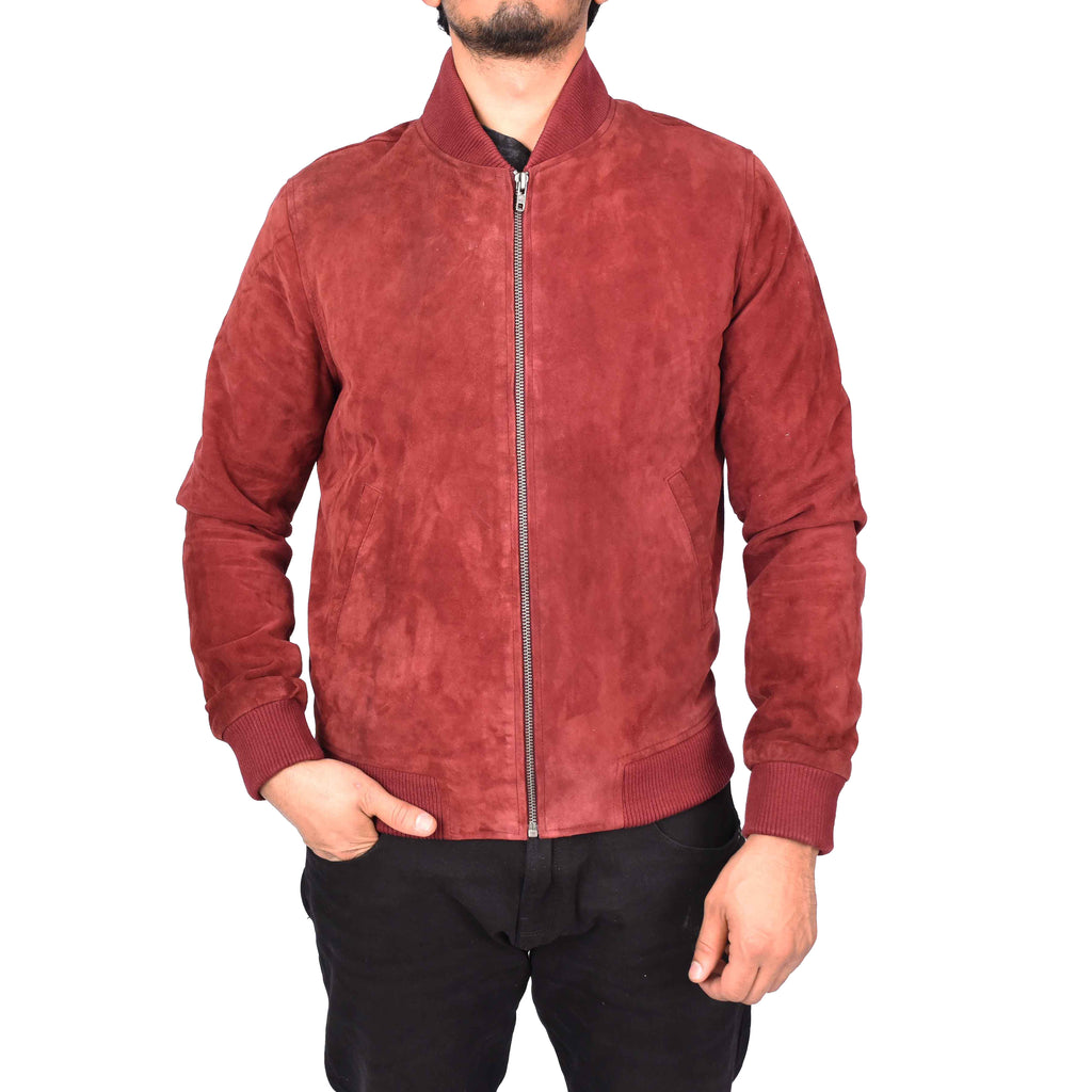 Men's Genuine Suede Leather Bomber Varsity Style Jacket Burgundy Raul-3