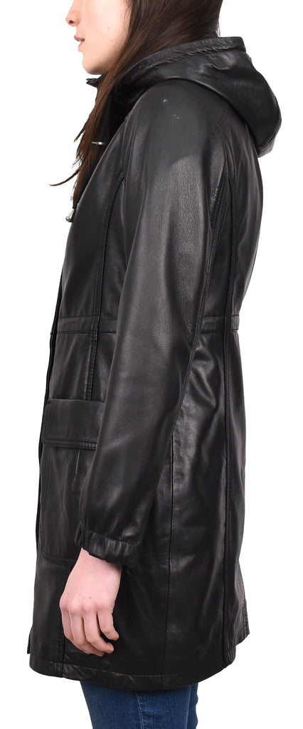 DR218 Women's Smart Long Leather Coat Hood Black 3