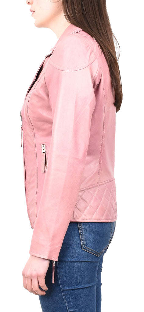 DR570 Women's Cross Zip Pocketed Real Leather Biker Jacket Pink 3