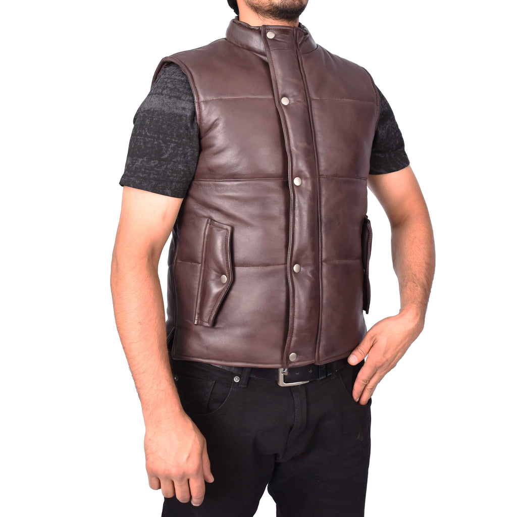 Men's Real Leather Puffer Waistcoat Body Warmer Brown Haakon-3