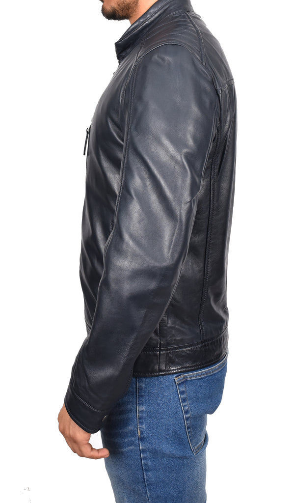 DR185 Men's Real Leather Biker Jacket Navy 3