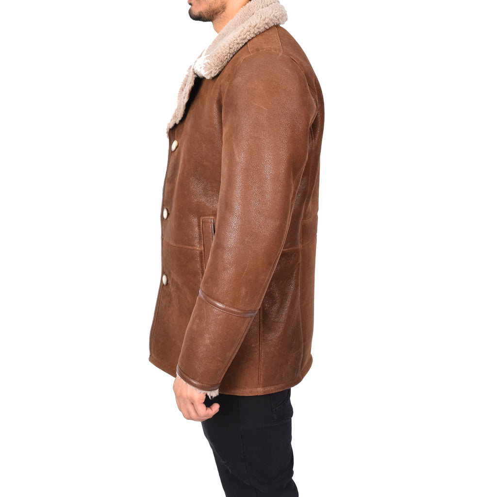 Mens Retro Genuine Sheepskin Leather Crombie Coat Mikael Brown-3