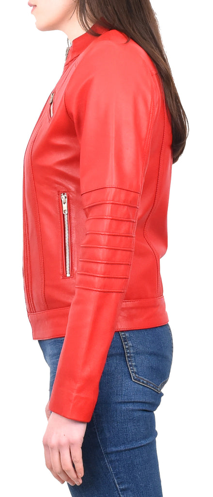 DR222 Women's Casual Biker Leather Jacket Red 3