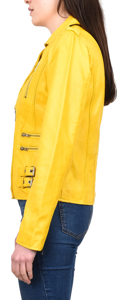 DR195 Women’s Trendy Biker Leather Jacket Yellow Vintage  3