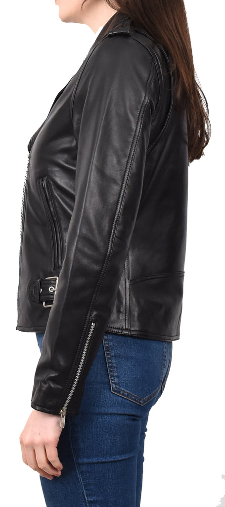 DR221 Women's Chic Biker Fitted Leather Jacket Black 3