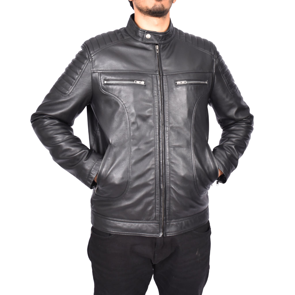 Men's Genuine Leather Biker Style Zip Jacket Black Anton-3