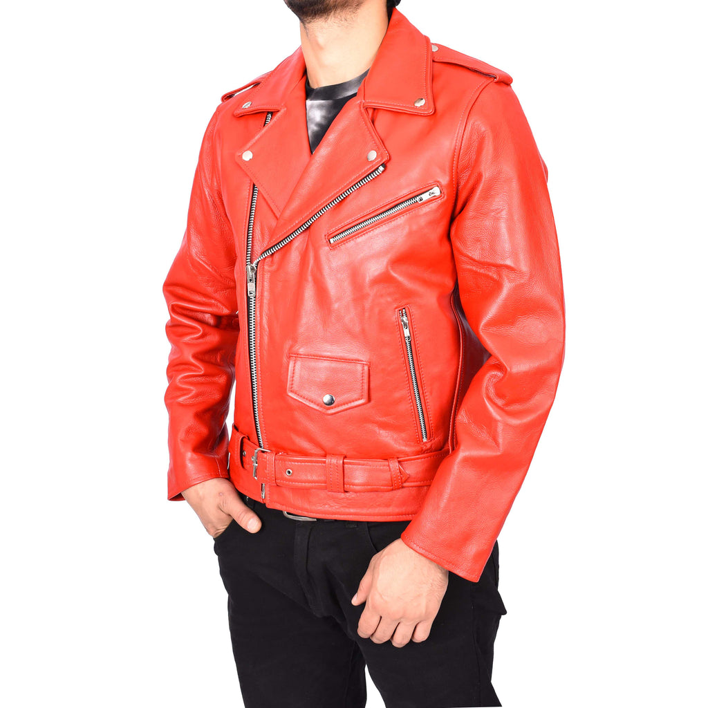 Men's Hard Wearing Real Cowhide Leather Biker Jacket Red Gunther-3