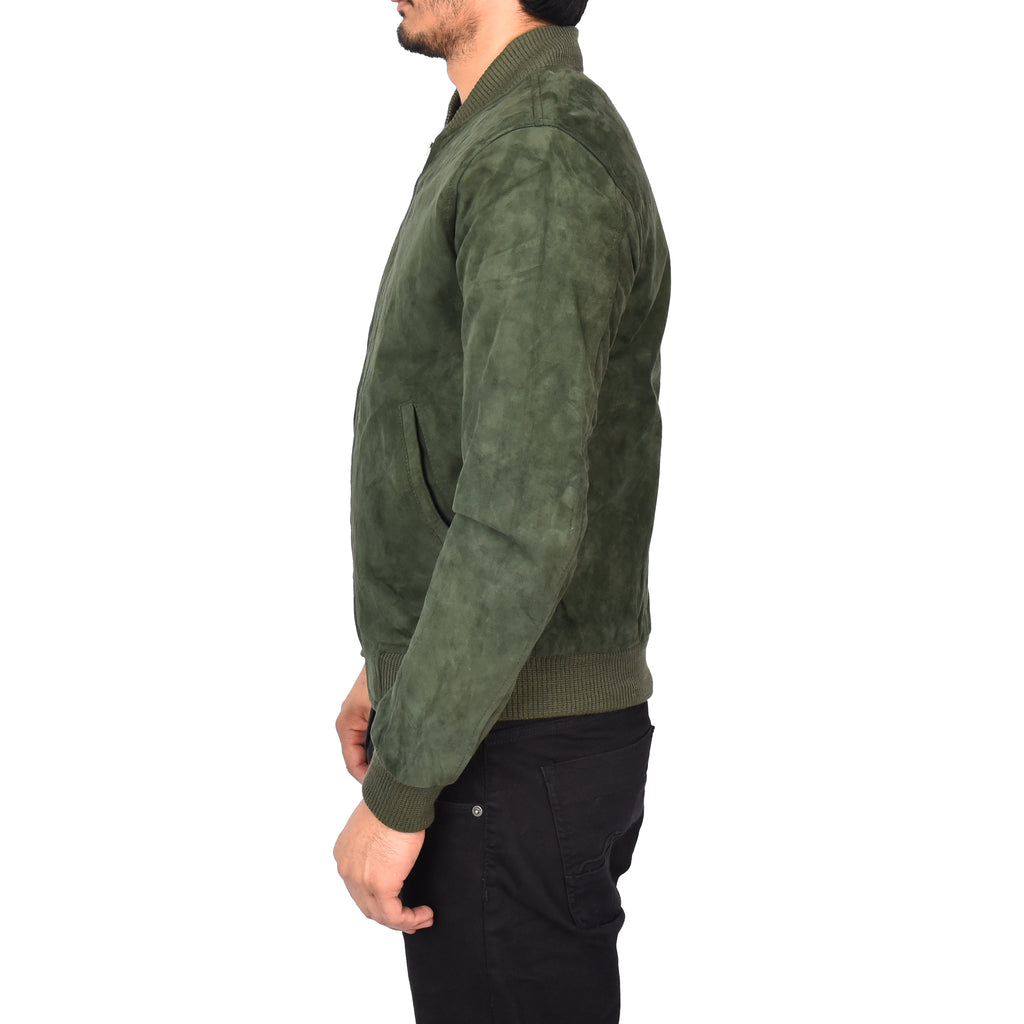 Men's Genuine Suede Leather Bomber Varsity Style Jacket Green Raul-3