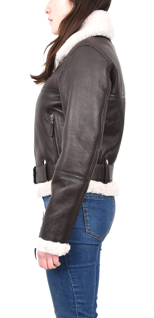 DR228 Women's Retro Sheepskin Leather Jacket Short Brown 3