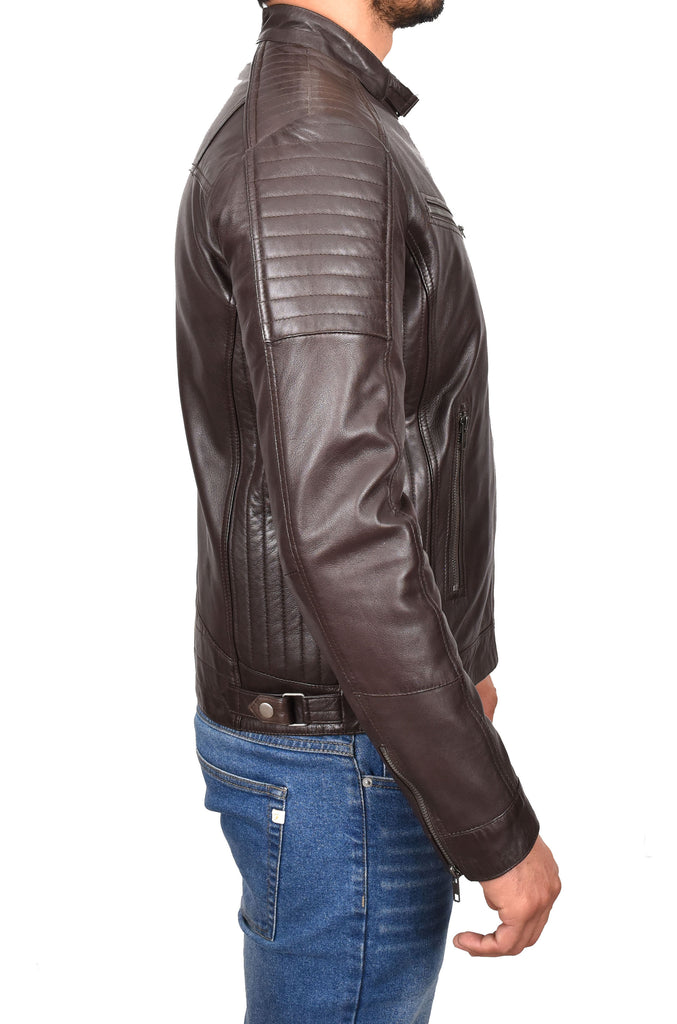 DR101 Men's Leather Cafe Racer Biker Jacket Brown 3