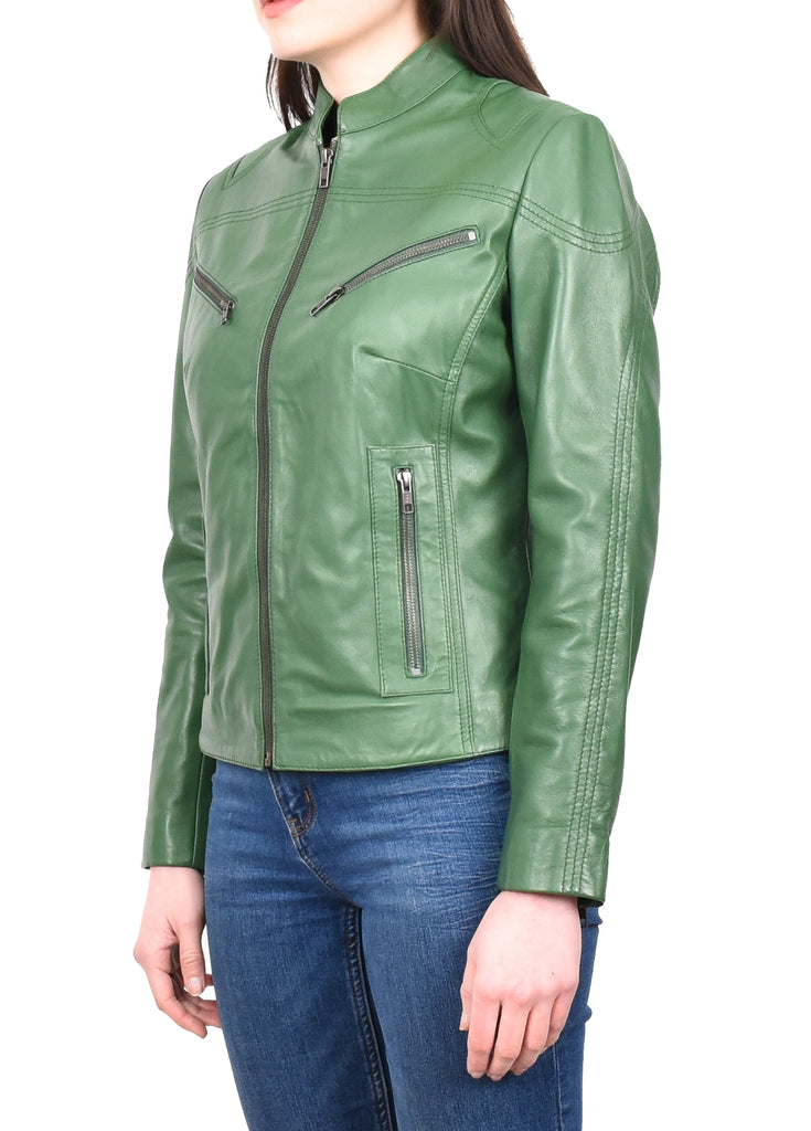 DR200 Ladies Classic Casual Biker Leather Jacket Green 2