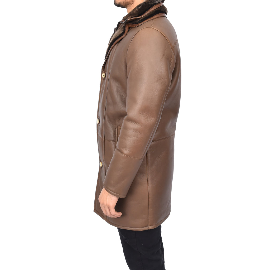 Mens Retro ¾ Length Long Real Shearling Sheepskin Coat Winter Warm Bastian Brown-4