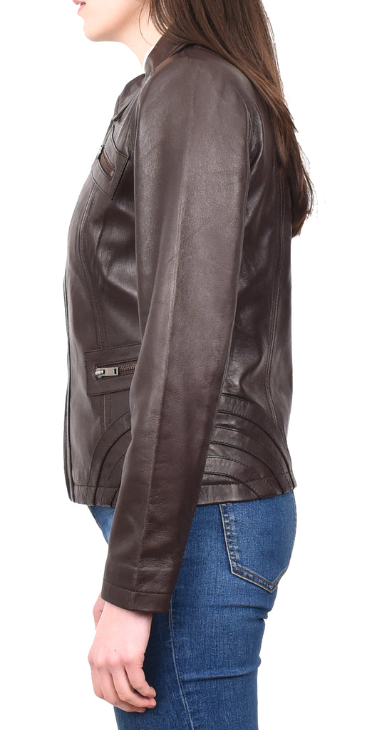 DR223 Women's Classic Leather Biker Zip Box Jacket Brown 3
