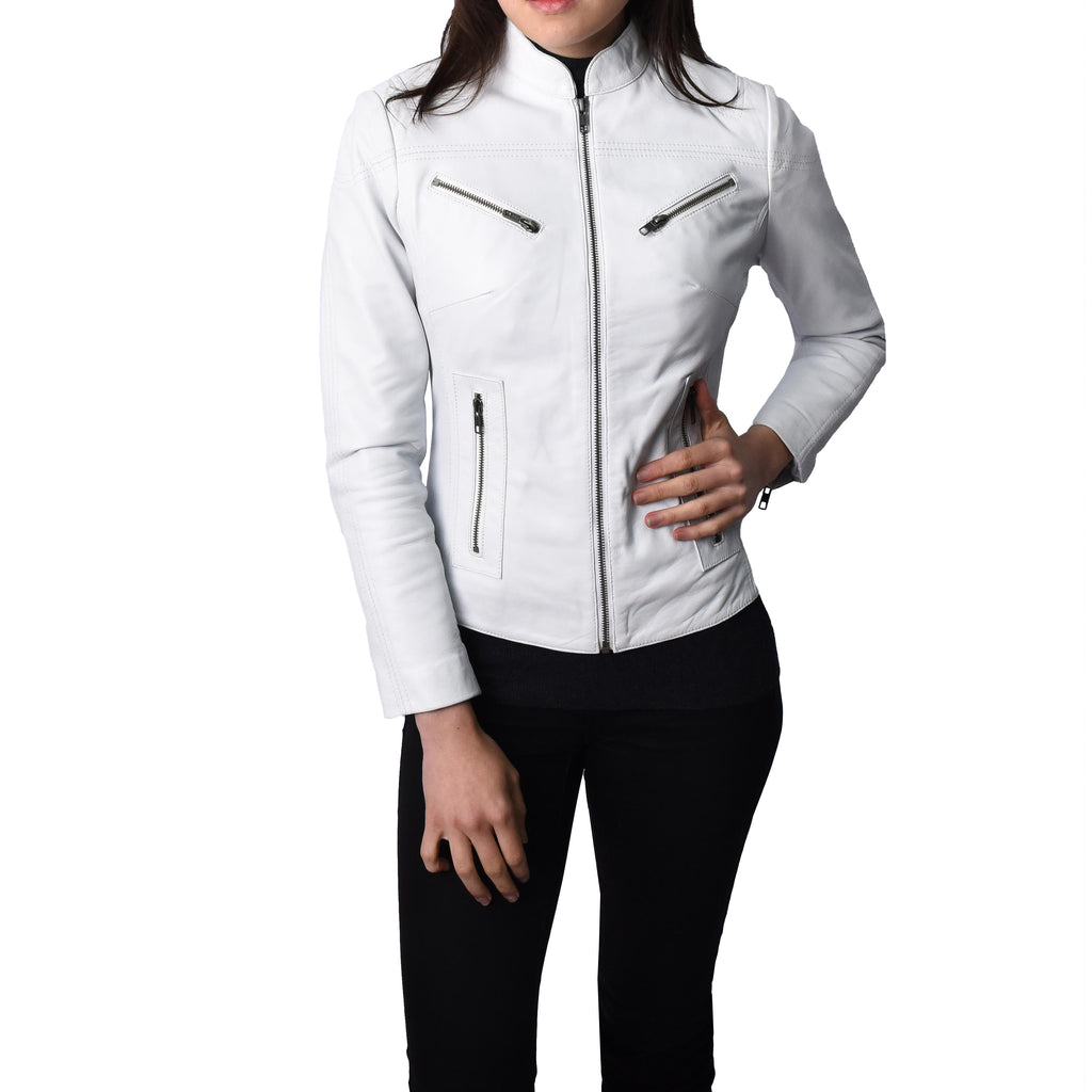 Ladies Classic Casual Biker Real Leather Jacket White MotoBliss 4