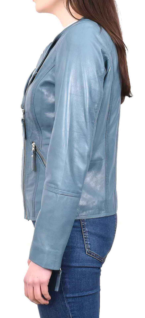 DR572 Women's Casual Cross Zip Leather Jacket Teal 3