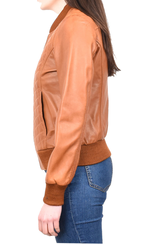 DR211 Women's Quilted Retro 70s 80s Bomber Jacket Tan 3