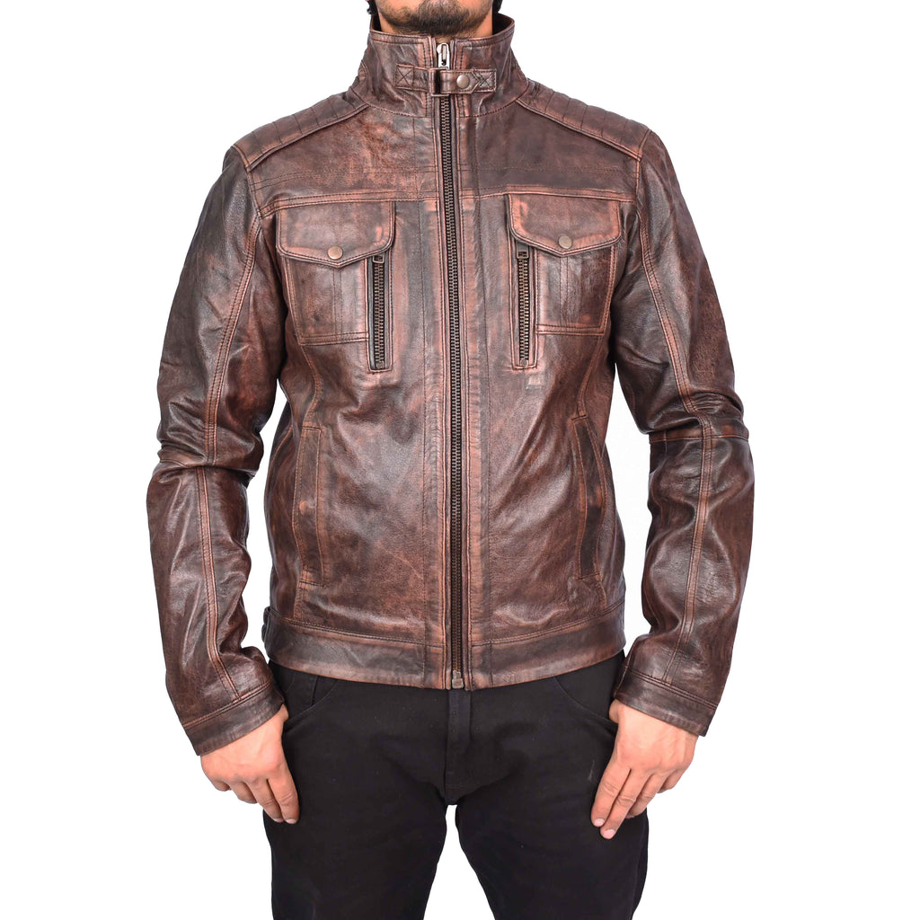 Men's Urban Biker Style Real Leather Jacket Brown Kristoffer 3
