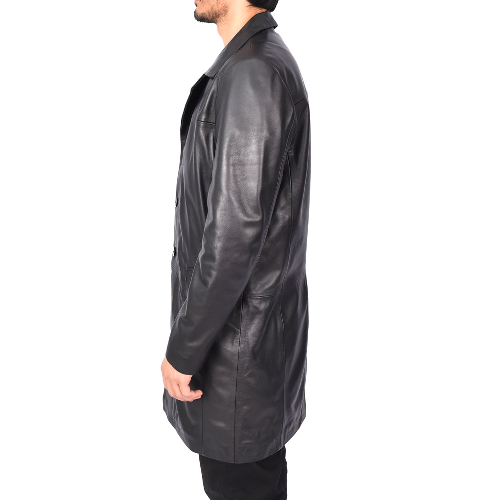 Men's Sheep Leather Coat Buttoned 3/4 Length Black Carson-3