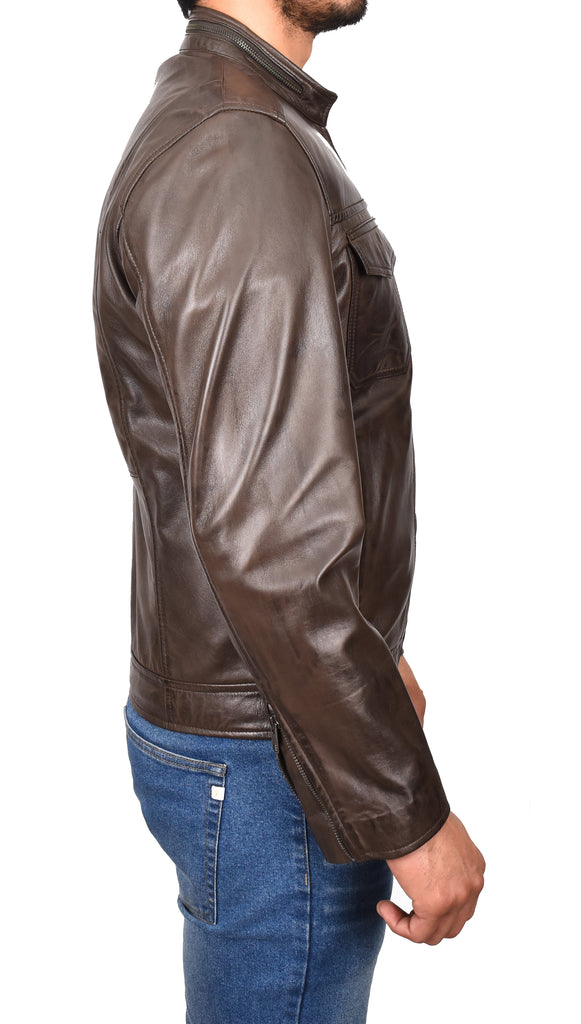 DR149 Men's Vintage Style Leather Biker Jacket Brown 3