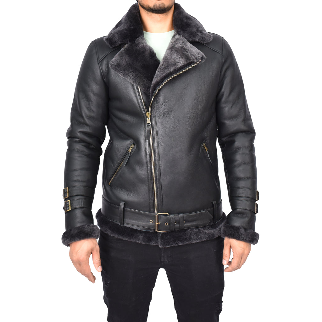 Men's Classic Aviator Real Sheepskin Jacket Flying Squad Black Pelle-4