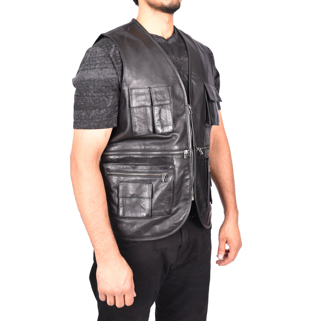 Men's Camping Military Style Leather Waistcoat Black Gustav-3