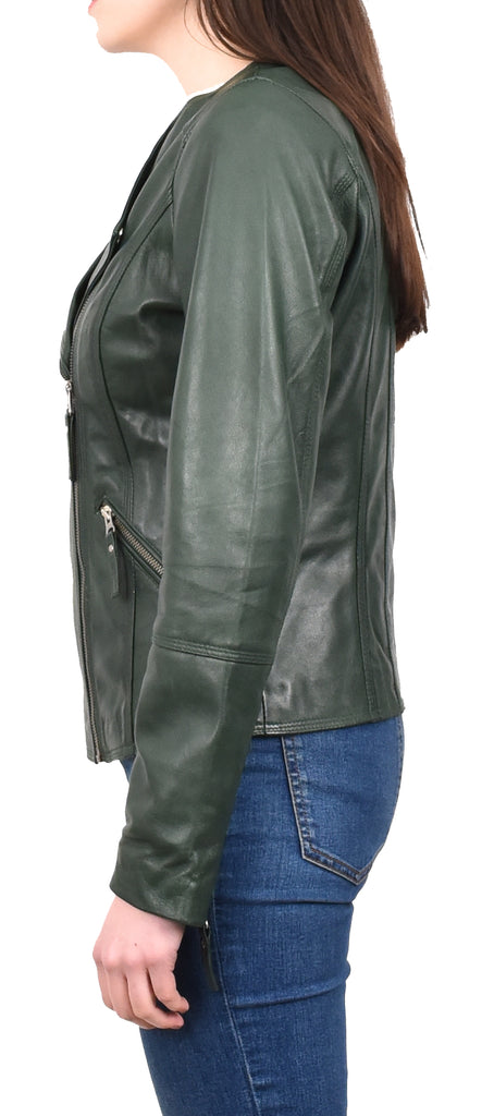 DR572 Women's Casual Cross Zip Leather Jacket Green 3