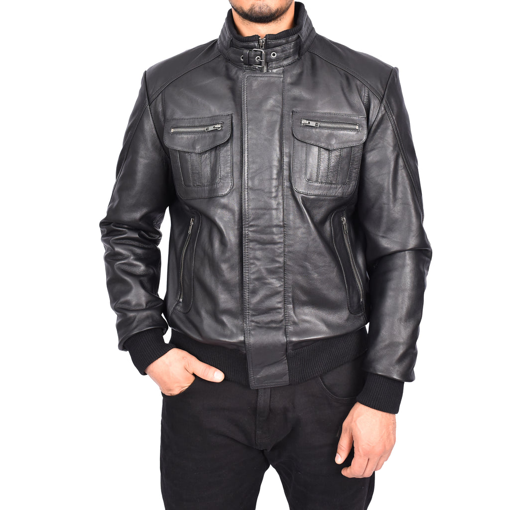 Men's Bomber Style Real Leather Jacket Black Boden-3