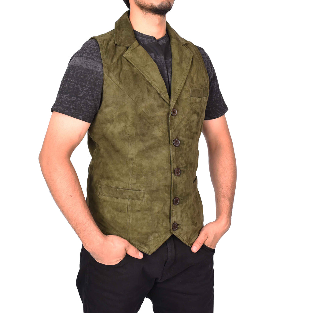 Men's Blazer Style Suede Leather Waistcoat Gents Vests Green Howie-3