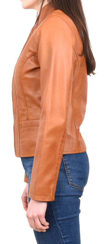 DR210 Women's Casual Biker Leather Jacket Tan 3