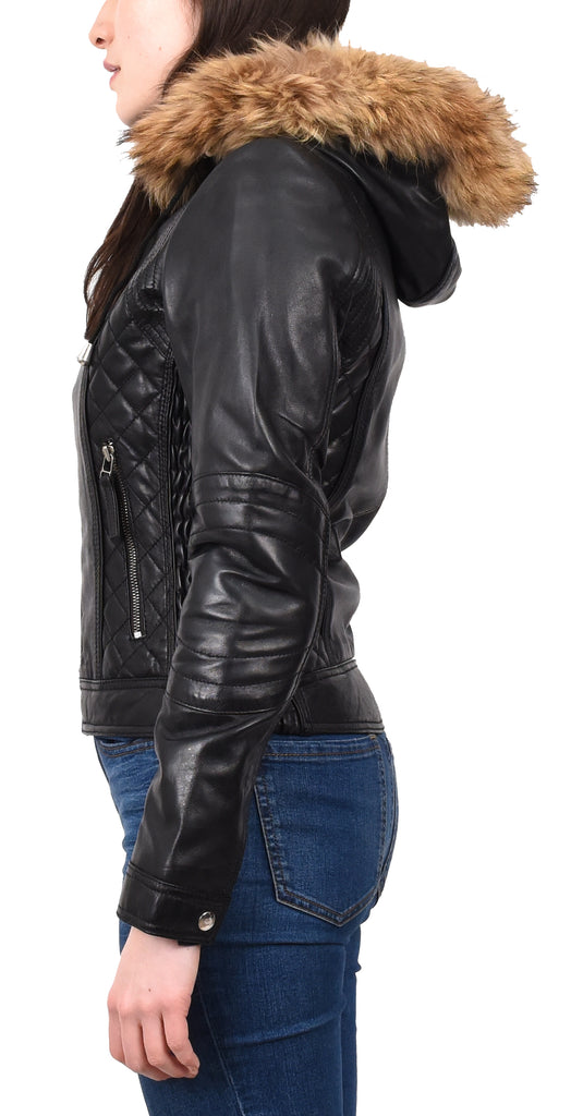 DR261 Women's Detachable Hoodie Biker Leather Jacket Black 3