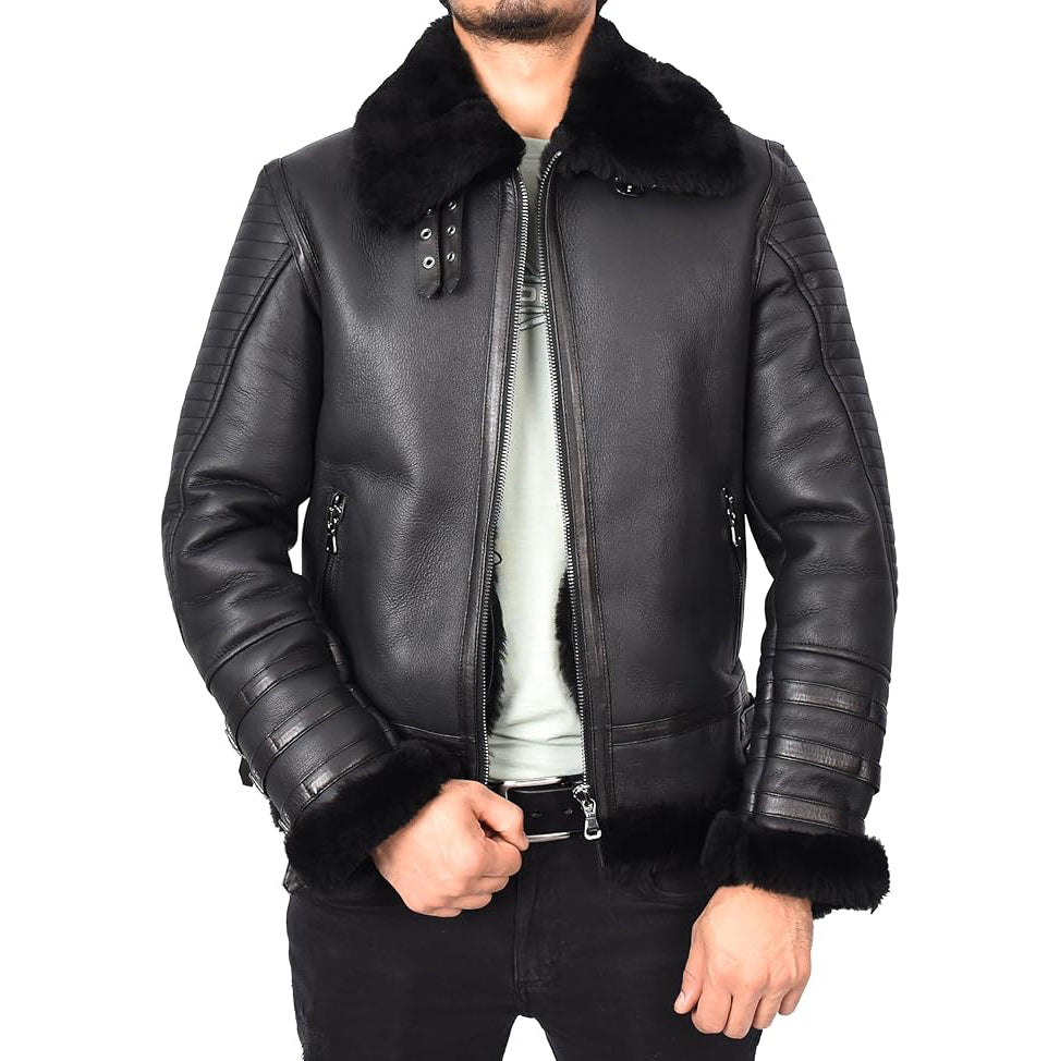 Mens Genuine Sheepskin Jacket Retro Biker Style Flying Aviator  Lothar Black-3