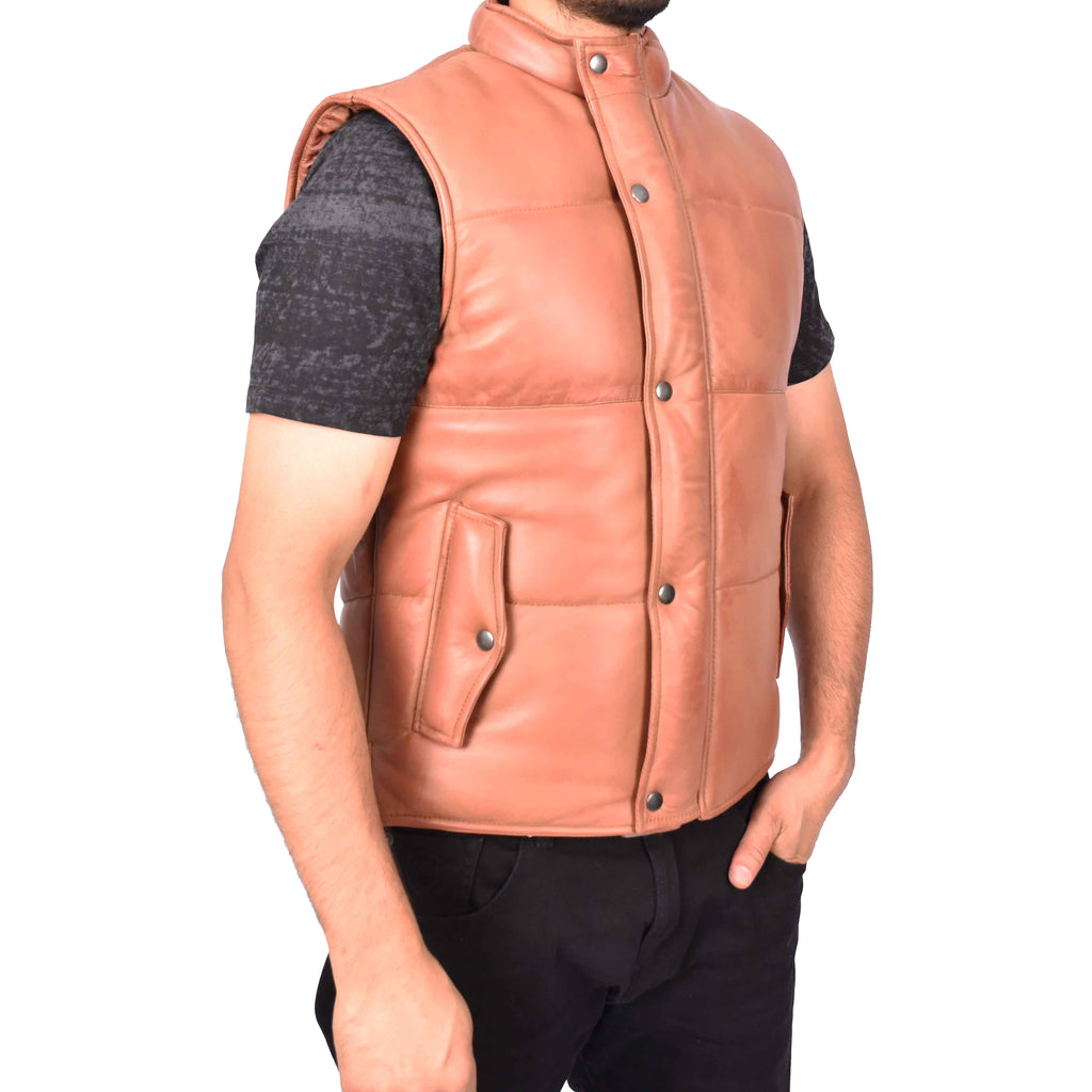 Men's Real Leather Puffer Waistcoat Body Warmer Tan Haakon-3